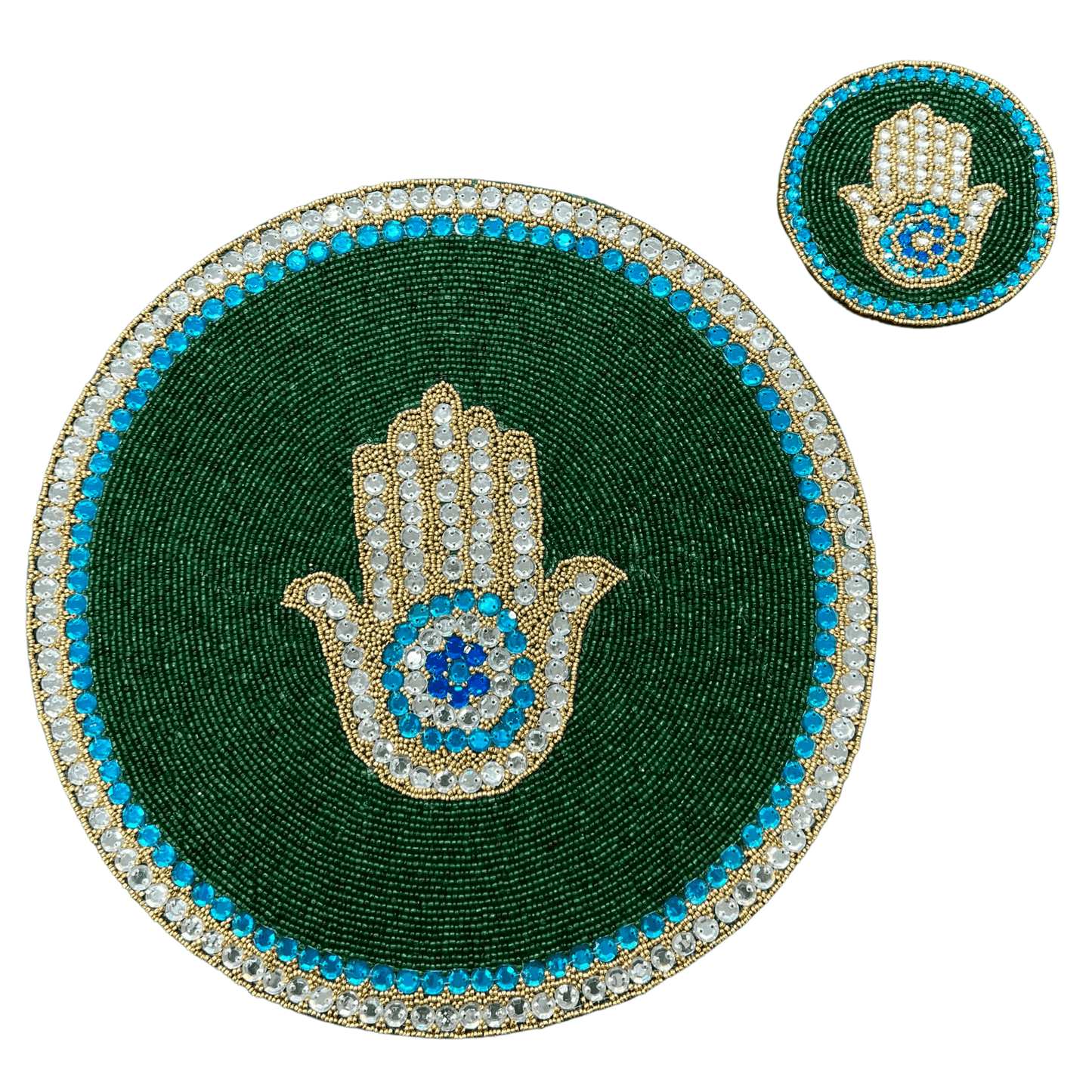 Hamsa Hand Placemat - Hand Beaded in Green and Blue