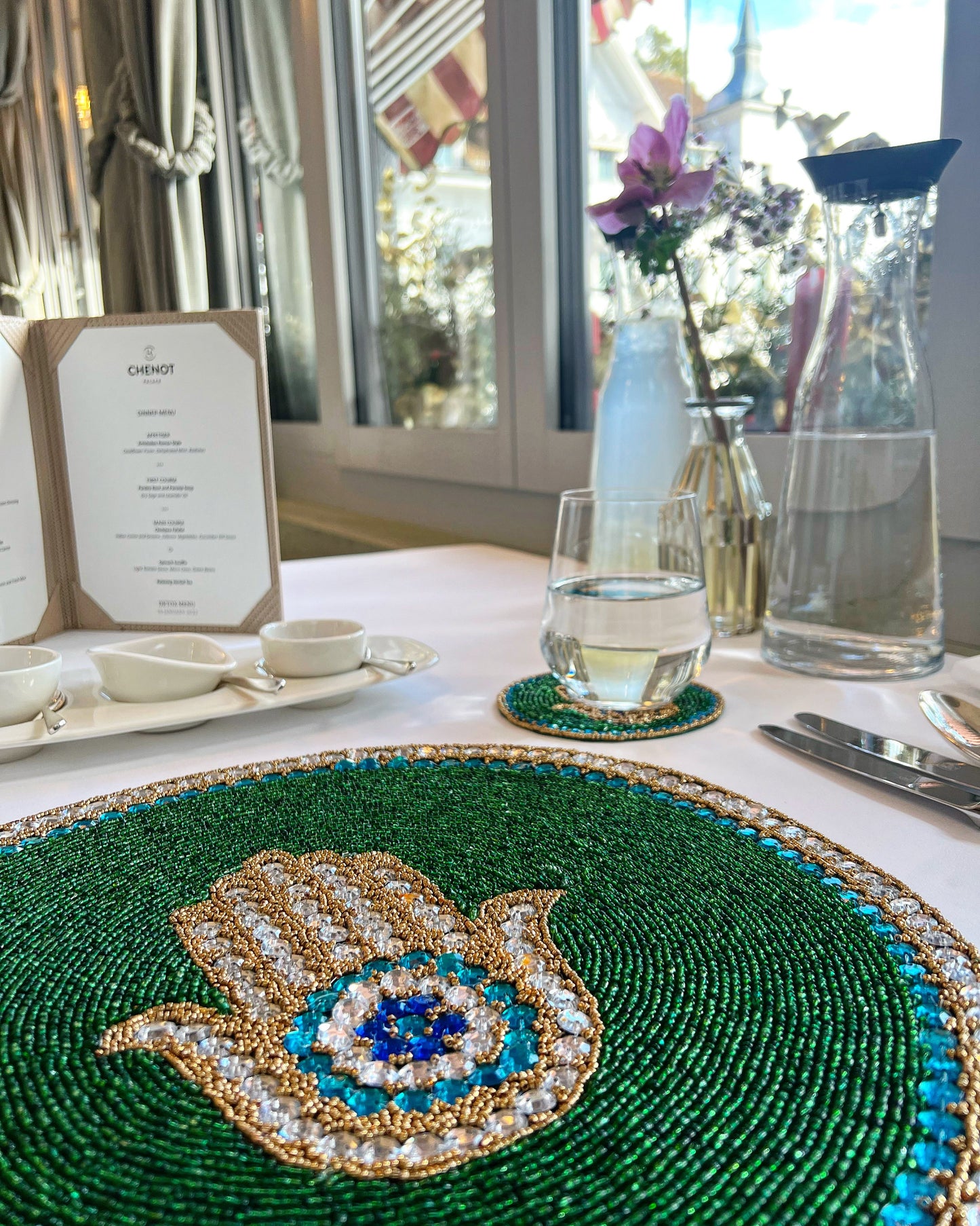 Hamsa Hand Placemat - Hand Beaded in Green and Blue