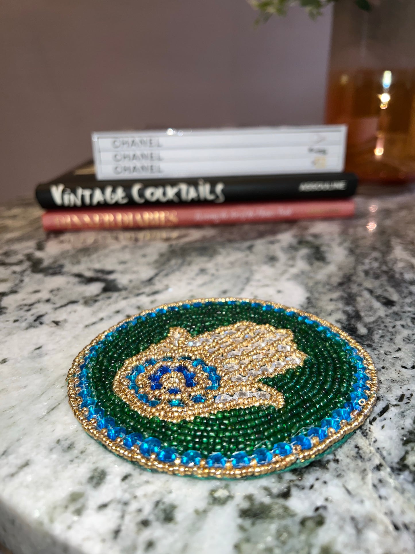 Hamsa Hand Coaster (Set of 4) - Hand Beaded in Green and Blue