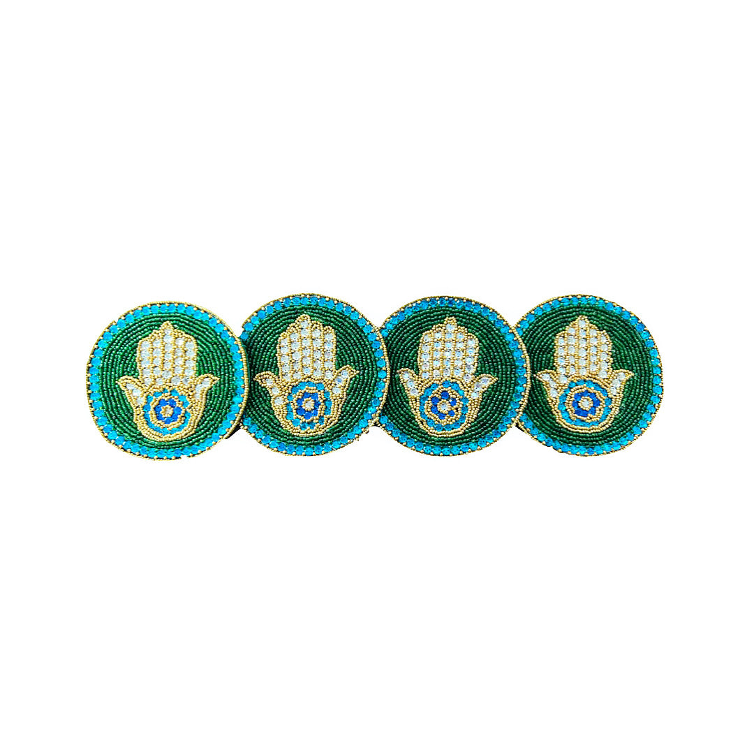 Hamsa Hand Coaster (Set of 4) - Hand Beaded in Green and Blue